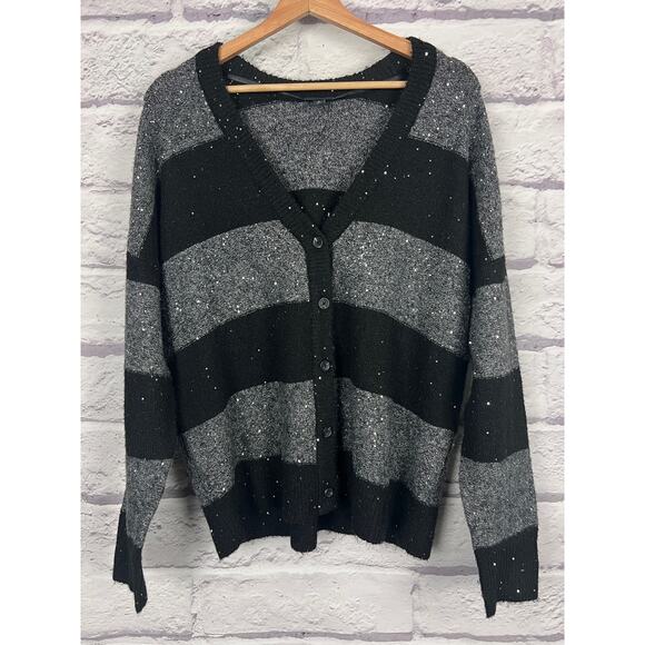 Torrid Women L Glam Party Holiday Sequin Striped Vegan Cashmere Cardigan Sweater - Picture 3 of 10